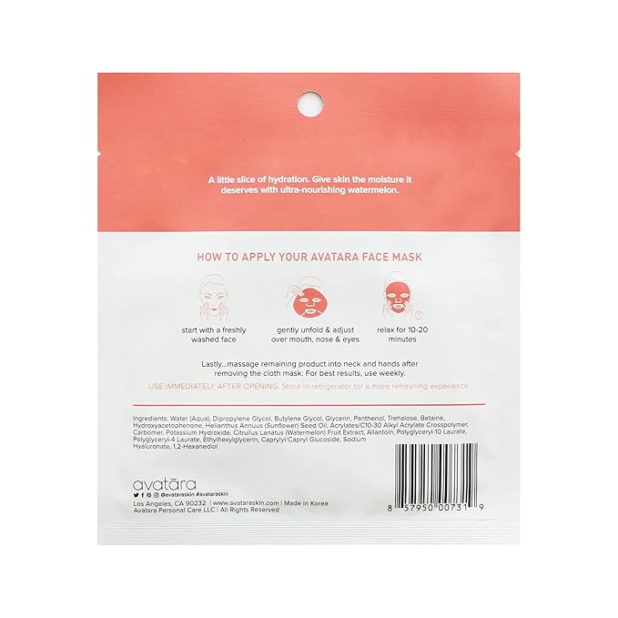 Avatara Juicy Watermellow Facial Mask 15 Sheets, Hydrating Mask, Sheet Masks, Watermelon Extract & Hyaluronic Acid, Face Mask Skincare Beauty Essential, Moisturize & Nourish Dry, Tired Skin, 15 Pack