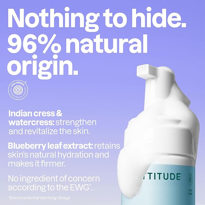 ATTITUDE Micellar Foaming Facial Cleanser, EWG Verified, Dermatologically Tested, Plant and Mineral-Based, Vegan, Unscented, 5 Fl Oz