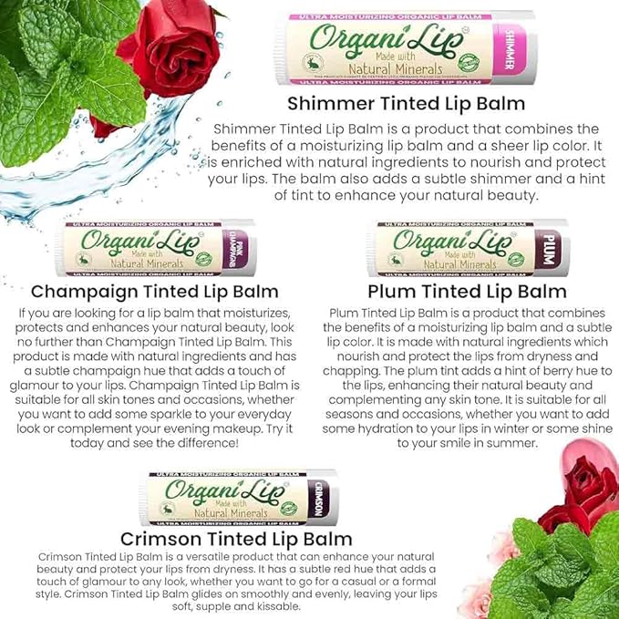 OrganiLip Tinted Lip Balm Moisturizer - Natural Moisturizer for Cracked & Dry Lips - All-Day Ultra Moisturizing Lip Care for Kids and Adults - Shimmer, Pink Champagne, Crimson, Plum Colors - 4 Pack