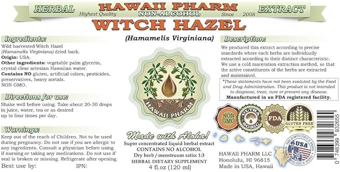 Hawaii Pharm Witch Hazel Alcohol-Free Liquid Extract, Witch Hazel (Hamamelis Virginiana) Bark Glycerite Natural Herbal Supplement, USA 32 fl.oz