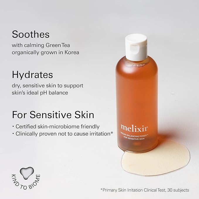 Melixir Vegan Balancing Toner for Sensitive & Acne-Prone Skin, with Soothing Organic Green Tea Extract, Hydrating Water Facial Toner, Alcohol-Free, Korean Skincare for Men and Women (9.8 fl.oz.)