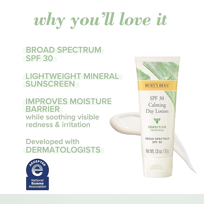 Burts Bees Sensitive Solutions SPF 30 Calming Day Lotion with Aloe and Rice Milk, Broad Spectrum SPF 30, Lightweight Mineral Sunscreen, 99.4% Natural Origin, 1.8 Fluid Ounces
