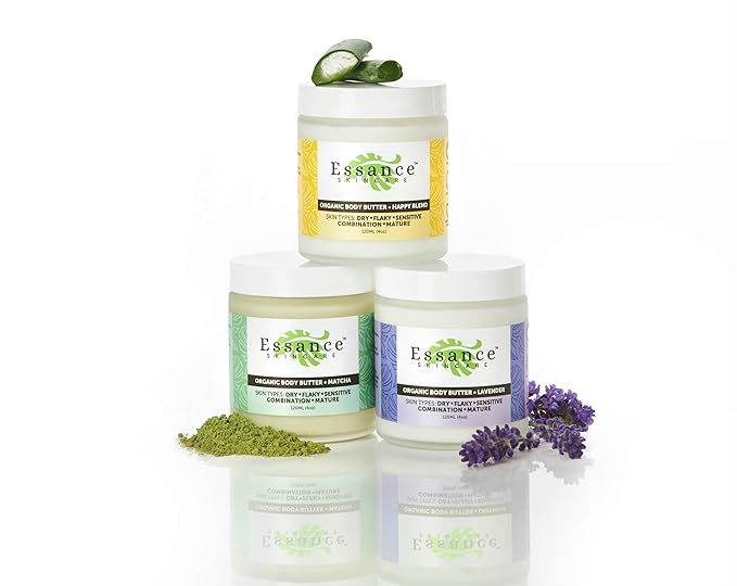 Essance - Organic Body Butter, Non-Irritating & Nourishing Natural Body Butter, Shea Butter for Sensitive Skin, Mature, & Normal Skin Types, Happy Blend, 120m