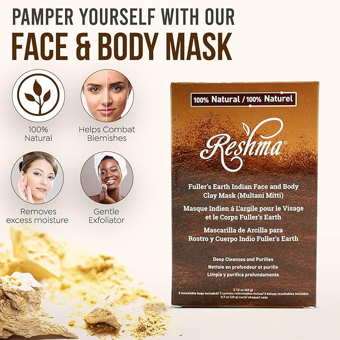 Reshma Beauty Fuller's Earth Clay Mask (Multani Mitti)| 100% Natural | Deep Cleansing and Exfoliating Mask for All Skin Types Helps with Blemishes and Minimizes Pores Cruelty-Free, 2.12 oz (Pack of 1)