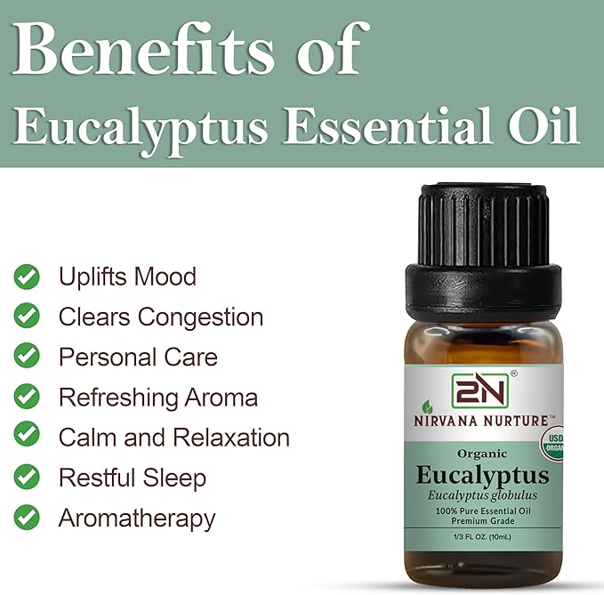 Eucalyptus Essential Oil, USDA Certified Organic, 100% Pure Undiluted, Aromatherapy Oil for Diffuser, Hair & Skin Care
