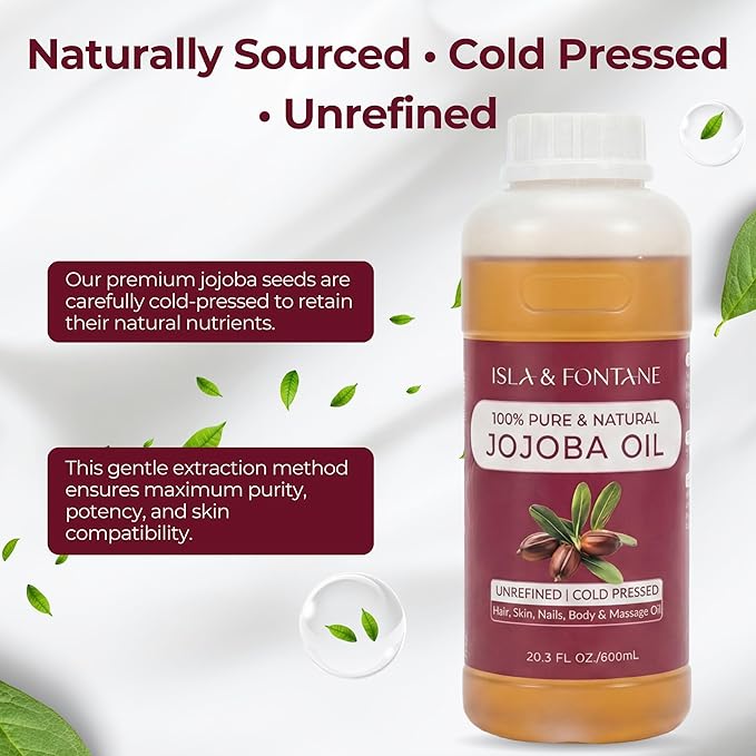 ISLA & FONTANE Jojoba Oil – 600ml (20 fl oz) | 100% Pure & Natural | Golden, Unrefined, Cold Pressed | Hexane-Free Carrier Oil for Skin, Hair, Face, Nails & Body Moisturizing