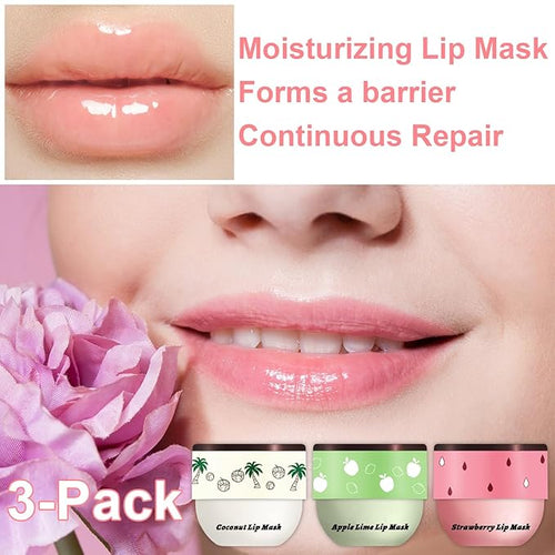 3 Pcs Bee Coconut Apple Honey Pot Lip Mask Sleeping Mask Hydrate Repair Prevent Dry Cracked Lip Exfoliator Care (Strawberry+Apple Lime)