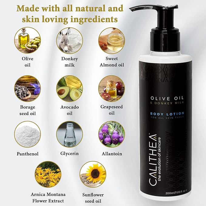 Calithea Body Lotion with Donkey Milk & Olive Oil Deep Hydration Moisturizer for Dry & Sensitive Skin, Anti-Aging, Nourishing, Natural, Alcohol-Free (7.05 fl oz)