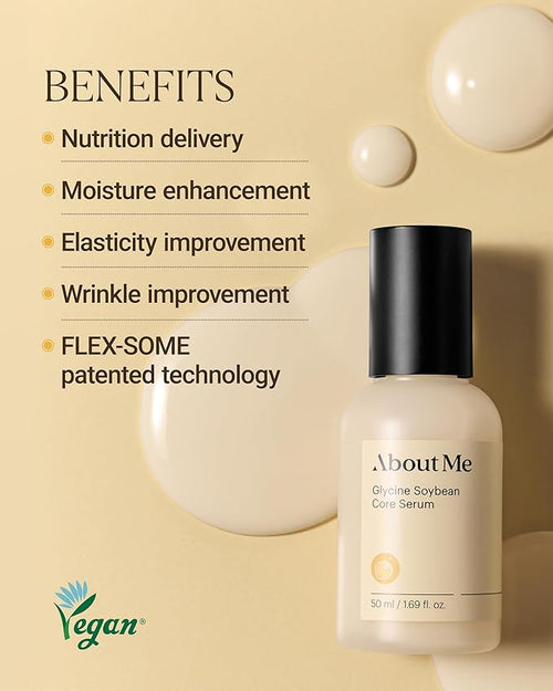 About Me Glycine Soybean Core Serum - 13 Peptides + Soy Protein Firming Serum, Lightweight Emulsion for Fine Lines & Elasticity, Squalane Niacinamide Ceramide NP, All Skin Types, 1.69 oz (50ml)