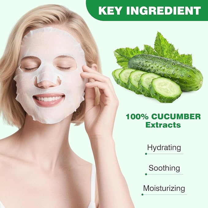 Cucumber Face Masks Sheet for Women,Moisturizes Facial Masks Oil Control,Hydrates, Soothes,Home Spa Facial Sheet Mask For All The Skin（6Pack）