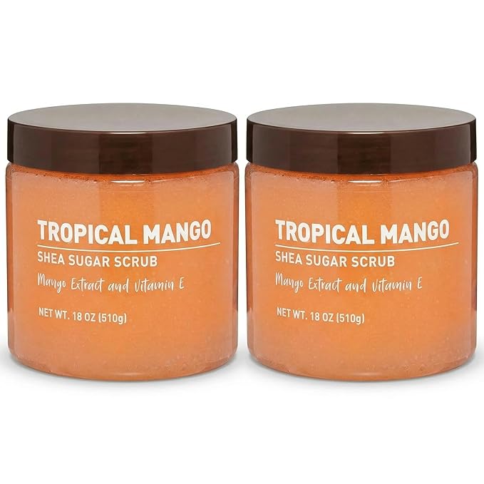 Tropical Mango Sugar Scrub – Exfoliating Body Scrub for Women, Moisturizing Shea Butter, Natural Sugar Exfoliant, Hand and Foot Scrub, Paraben-Free, All Skin Types, 18 oz (Pack of 2)