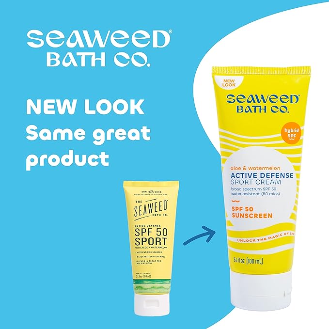 Seaweed Bath Co. Active Sport Defense Cream SPF 50 - Broad Spectrum Hybrid Sunscreen with Zinc Oxide, Aloe & Watermelon - Water Resistant Face and Body Daily Sunblock, 3.4 Ounce