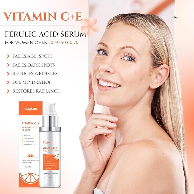 Ragkun 20% Vitamin C Serum, Retinol Serum for Face, Dark Spot Remover for Face, CE Ferulic Acid, Hyaluronic Acid, Hydrate & Plump Skin Care Anti Aging Wrinkle Brightening Skincare -1 Fl Oz.
