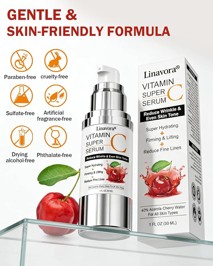 Super Vitamin C Serum for Face | Natural Anti-Aging Formula with Vitamin C, Hyaluronic Acid, Vitamin E & Caffeine - Firming Serum for Hydration, Wrinkle Reduction & Dark Spot Brightening - 1 Fl Oz