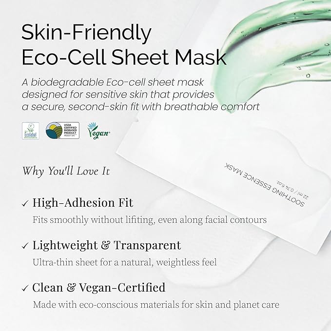 Soothing Essence Mask (1ea), Calming Hydrating Sheet Mask for Sensitive Skin, Korean Skincare Facial Mask for Smooth & Healthy Skin, Clean Beauty, Vegan