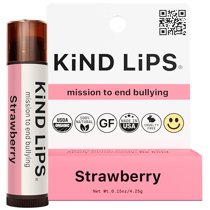 Kind Lips Strawberry Organic Lip Balm (Single Tube) – Hypoallergenic Natural Beeswax Lip Balm for Dry, Cracked Lips – Non Toxic Moisturizing Lip Repair with Vitamin E