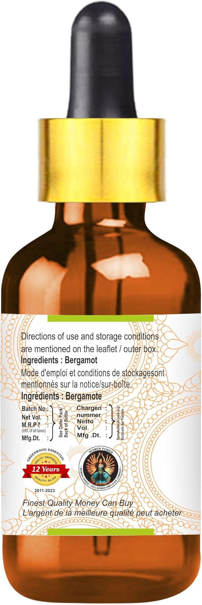 Greenwood Essential Pure Bergamot Essential Oil (Citrus bergamia) with Glass Dropper Steam Distilled 15ml (0.50 oz)