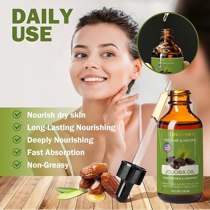Natural Jojoba Oil for Hair&Skin, Cold Pressed, Unrefined Deeply Moisturizing Body Carrier Oils for Essential Oils Mixing, 4fl oz