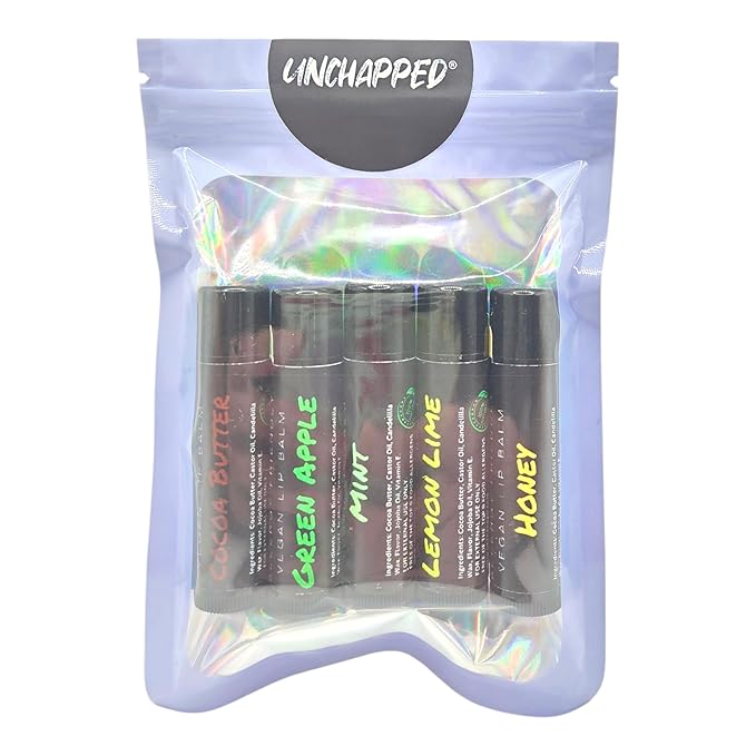 Vegan Lip Balm 5 Pack - All Natural and Free of Beeswax, Soy, Nut, and Top 9 Food Allergens (Mint, Lemon Lime, Green Apple, Honey, Cocoa Butter)