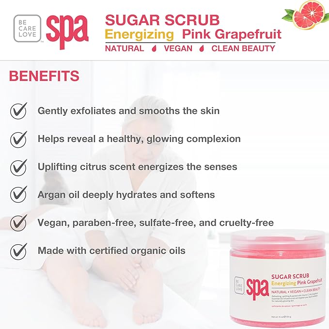 BCL Spa Energizing Pink Grapefruit Sugar Scrub – Professional Exfoliating Body Scrub for Smooth & Glowing Skin, Made in USA, 16 oz