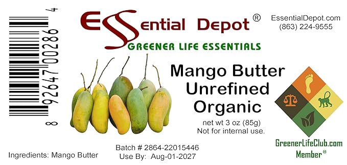 Essential Depot Mango Butter - 3 oz Net wt - No Additives - No Scent - Organic - Used in Creams, Lotion Bars and Sticks, Lip Balms, Body Butters and Many Other Skin Care Products