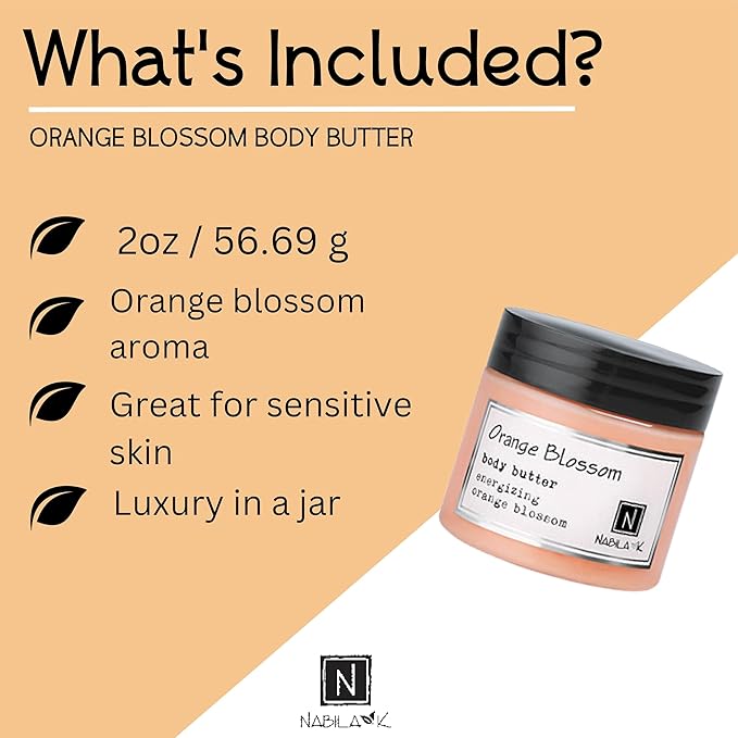 Nabila K Body Butter - Daily Moisturizer for Body Care - Skin Hydrating Deep Moisturizing - Natural Ingredients - Orange Blossom - 2 oz