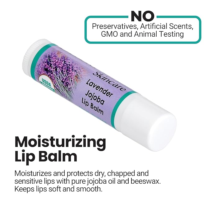| USDA Organic Lavender Lip Balm – 70% Jojoba Oil with Beeswax – Natural Lavender Essential Oil – Softens, Conditions & Protects Dry Lips – 2-Pack (0.15 oz / 4.6 g Each)