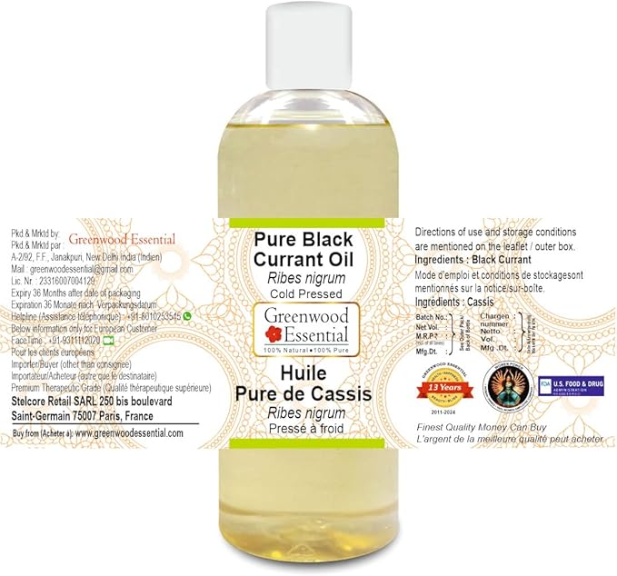 Greenwood Essential Pure Black Currant Oil (Ribes nigrum) Cold Pressed 200ml (6.76 oz)