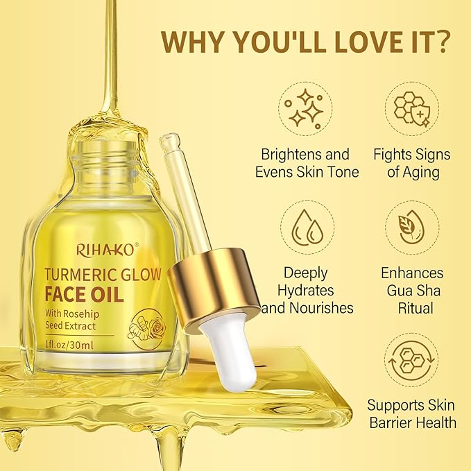 RIHAKO Easter Gifts for Women Turmeric Rosehip Face Oil for Gua Sha – Facial Lymphatic Drainage Oil for Gua Sha Tools, Hydrating Anti-Aging Oil Reduces Fine Lines & Wrinkles, Boosts Radiance