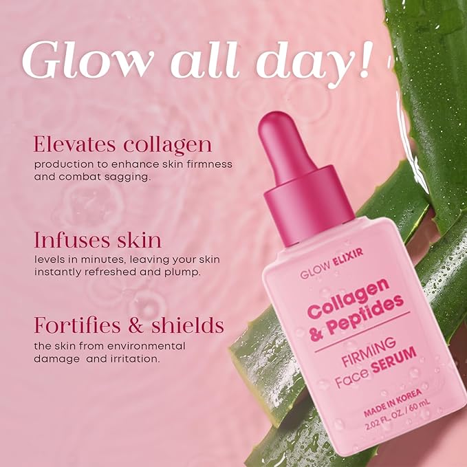 Glow Elixir Collagen & Peptides Face Serum – Firming & Wrinkle Serum for Skin Repair, Fine Lines & Deep Wrinkle Treatment – Dermatologist Tested Anti Aging Korean Skin Care – Clean Beauty – 2.02 Fl Oz