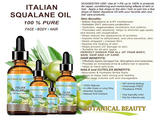Botanical Beauty SQUALANE Italian Olive 100% Pure Natural Undiluted Oil 100% Ultra-Pure Moisturizer for Face, Skin, Body, Hair. Reliable 24/7 Skincare Protection (0.5 Fl Oz 15 ml)