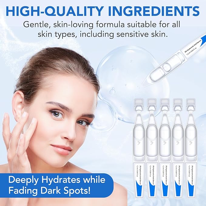 3% Hyaluronic Acid Serum, Ultra Hydrating Serum for face, Hyaluronic Acid Tubes | Pre-makeup SkinCare | Single-Use Hydrating Vials Skincare for Dry & Sensitive skin, 60 Count