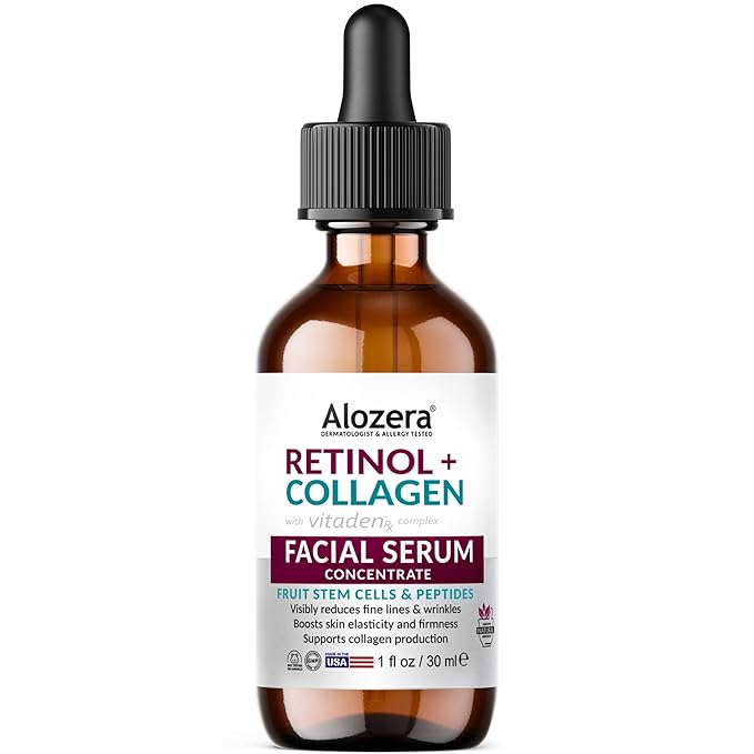 Alozera Retinol Collagen Serum for Face with Plant Stem Cell & Peptides, Anti Aging Facial Serum for Fine Lines & Wrinkles, Tighter & Firmer Skin, Fast-Absorbing, Non-Greasy, Day & Night Serum