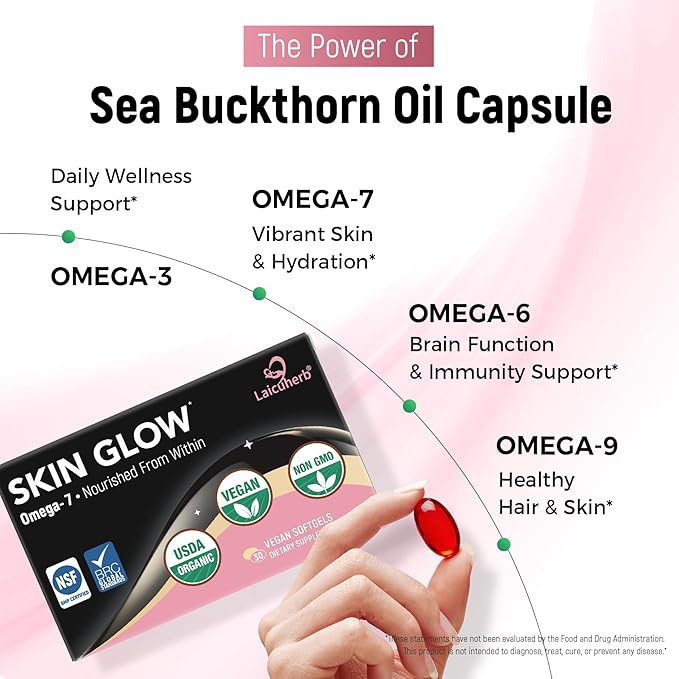 Laicuherb Skin Glow Sea Buckthorn Oil Capsules Support Face, Hair & Nails with Omega 3 6 9 & 7, Co2 Extracted, Himalayan Sea Buckthorn Berry Omega 3 Supplement Support Skin Hydration & Elasticity