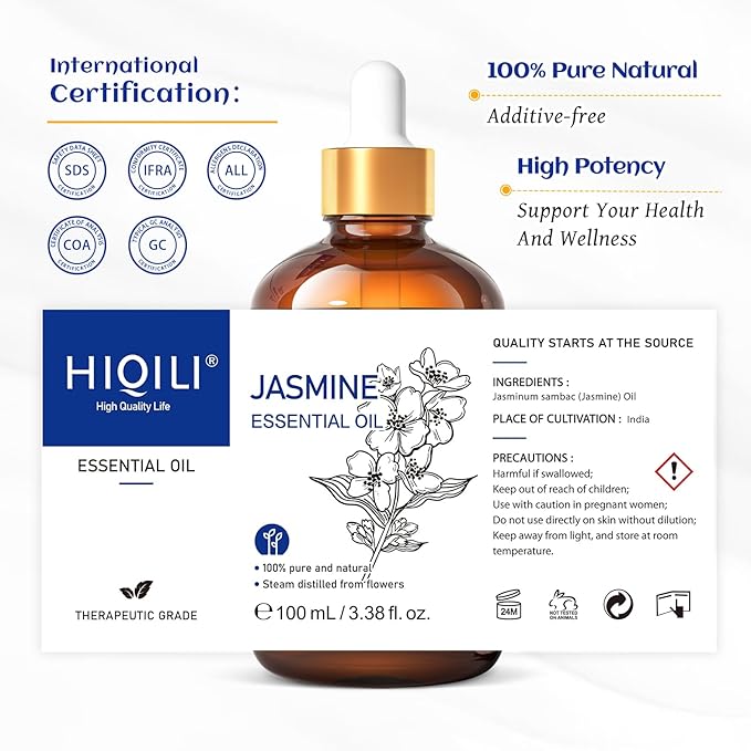 HIQILI Jasmine Essential Oil, Pure & Natural Jasmine Oil for Diffuser, Perfume, Shampoo, Aromatherapy-3.8 Fl Oz/100 ML