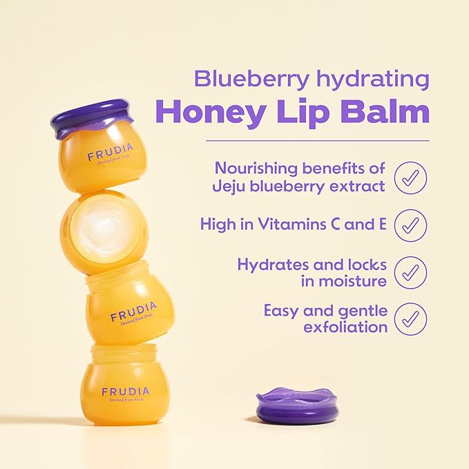FRUDIA Blueberry Honey Lip Balm Tube, Exfoliating & Moisturizing Dewy Korean Lip Balm for Dry Lips made with Jeju Blueberry & Honey Extracts for Soft, Plump Lips (0.33 fl oz)