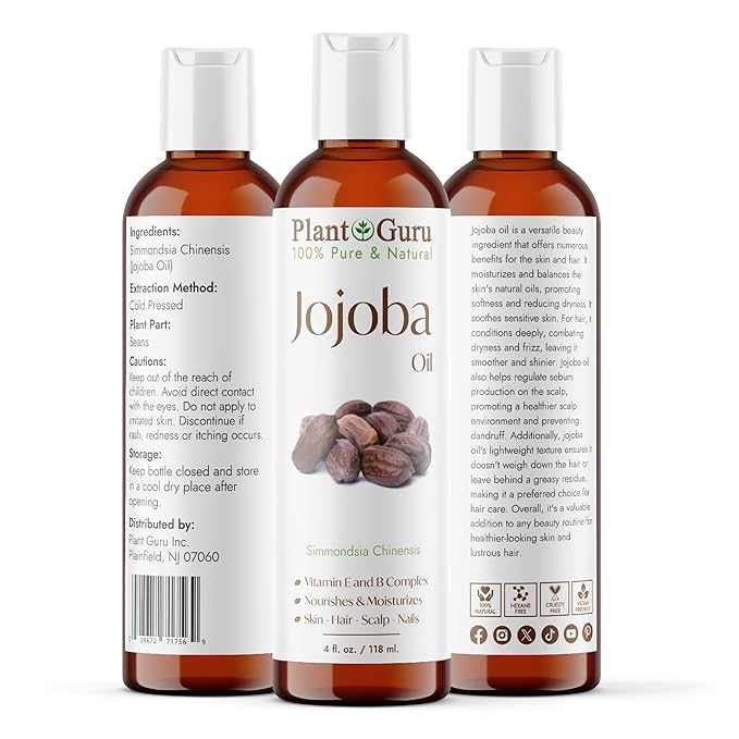 Plant Guru Jojoba Oil 4 fl. oz. Cold Pressed Unrefined - 100% Pure Natural Moisturizer For Skin, Body, Face And Hair Growth. Deeply Hydrating Carrier Oil For DIY Soap Making and Massage