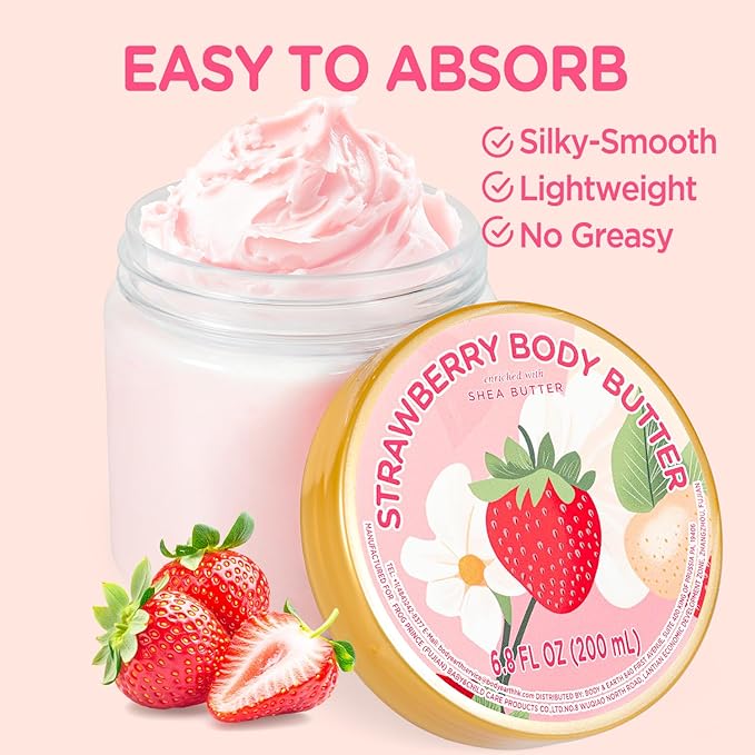 Strawberry Body Butter, Natural Shea Body Butter for Dry Skin, Womens and Mens Body Care, Body Care for Deep Moisturizing and Hydrating-3.4 floz+6.8 floz