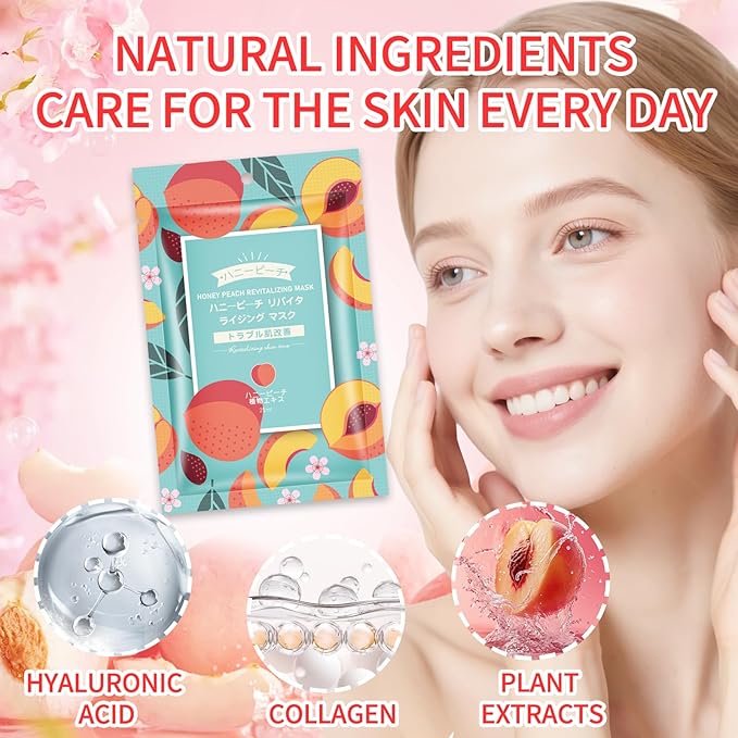Hydrating Facial Masks Skincare for Women,Honey Peach Face Mask Sheet Skincare, Moisturizing Face Mask for All Skin Types (10-Packs)