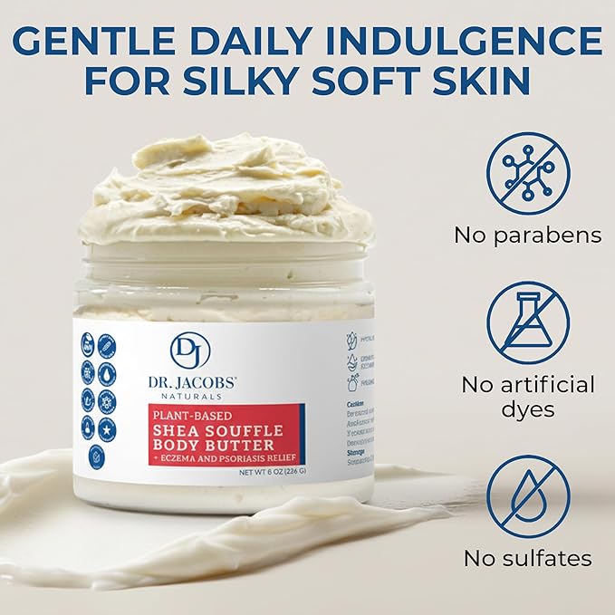 Dr. Jacobs Naturals Shea Soufflé Body Butter for Men and Women - Whipped Shea Butter for Skin Moisture and Softness Without Thick, Greasy Feel - Plant-Based Gentle Formula - Unscented