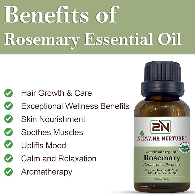Rosemary Essential Oil, USDA Certified Organic, 100% Pure Undiluted, Aromatherapy Oil for Diffuser, Hair & Skin Care
