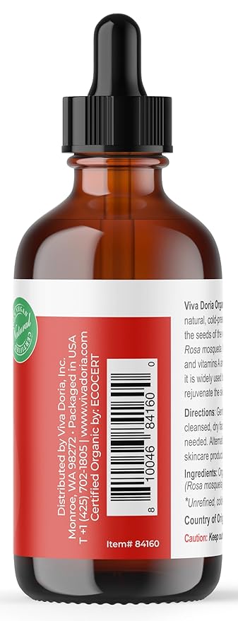 Viva Doria Organic Rosehip Oil, Unrefined, Cold-Pressed, 118 mL (4 Fl Oz) For Hair, Nails and Skin