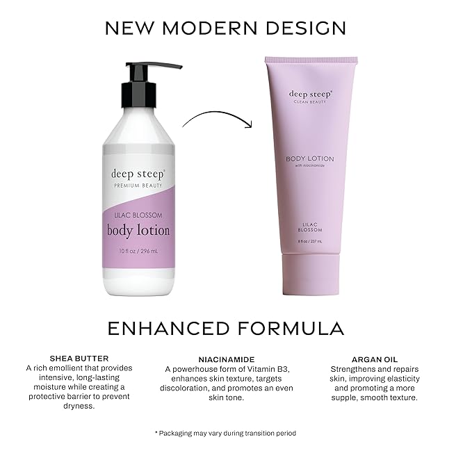 Deep Steep Body Lotion, Lilac Blossom, 8 oz – Moisturizer with Coconut Oil, Shea Butter, Argan Oil, Aloe Vera & Niacinamide – Vegan, Clean Beauty, Daily Skin Hydration