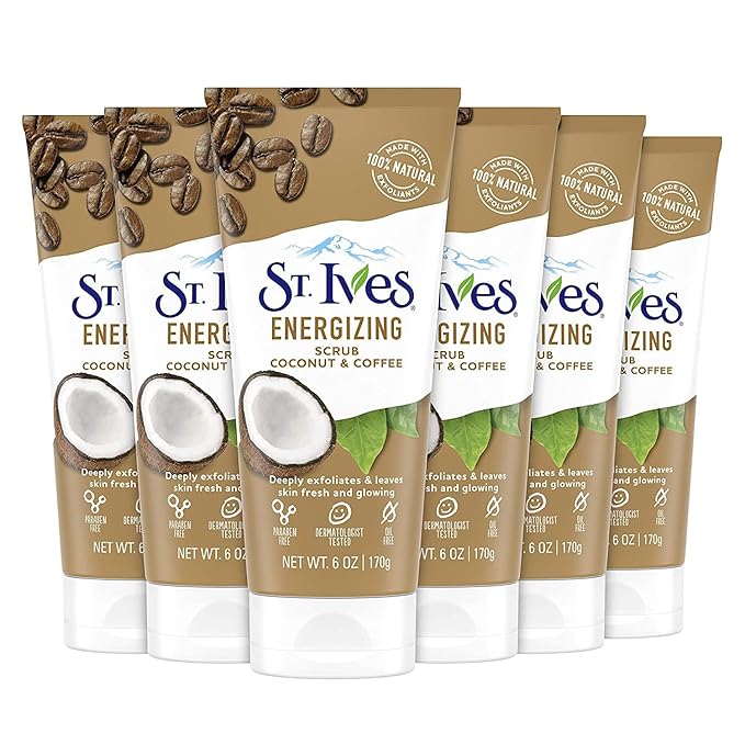 St. Ives Facial Scrub, Energizing Coconut & Coffee 6-Pack – Deep Exfoliant for Fresh, Glowing Skin, 6 Oz Ea