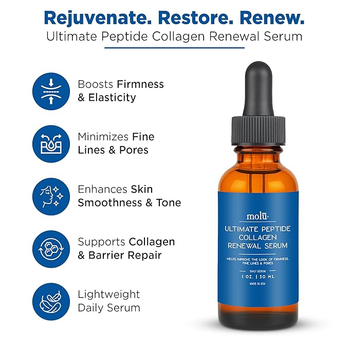 Molu Ultimate Peptide Collagen Renewal Serum - Transform aging skin, even tone, and improve appearance of lines and pores - with Copper Peptides, Niacinamide, and Pterostilbene - 1 oz.