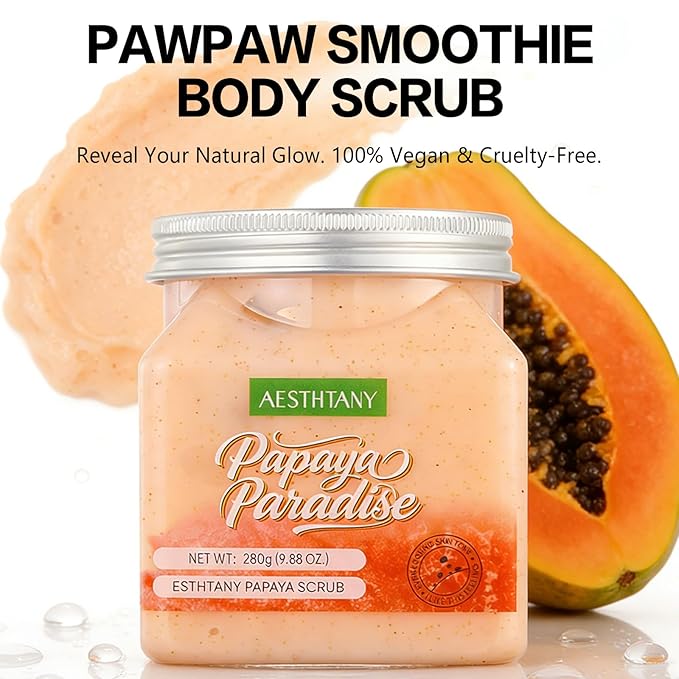 Papaya Body Scrub, Exfoliating Sugar Scrub for Body, Moisturizing Body Exfoliator for Dry Rough Skin, Tropical Papaya Scent Body Polish for Soft Smooth Skin