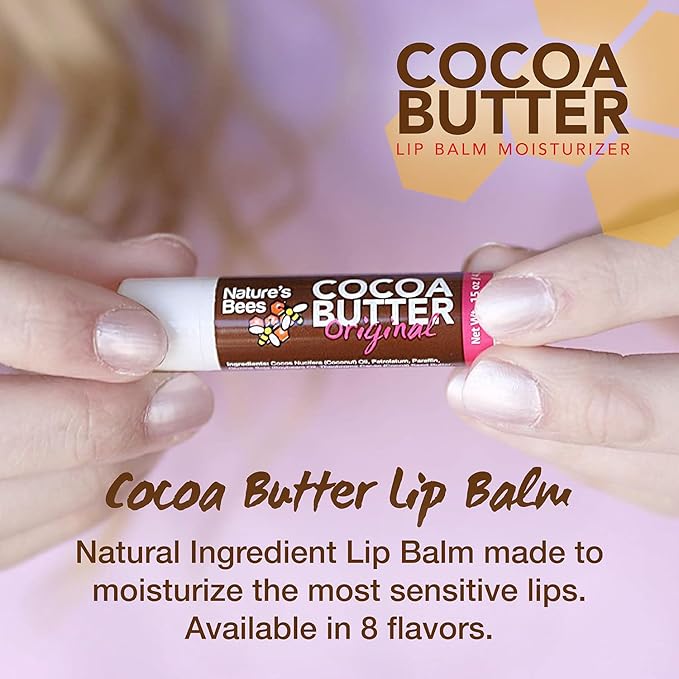 Nature's Bees Cocoa Butter Lip Balm, Shea Butter Flavor, Hydrating Lip Care for Dry Lips, Made in the USA with Coconut Oil, Beeswax, Vitamin E, & Aloe, 0.15 oz Each, 24 Pack - Packaging May Vary