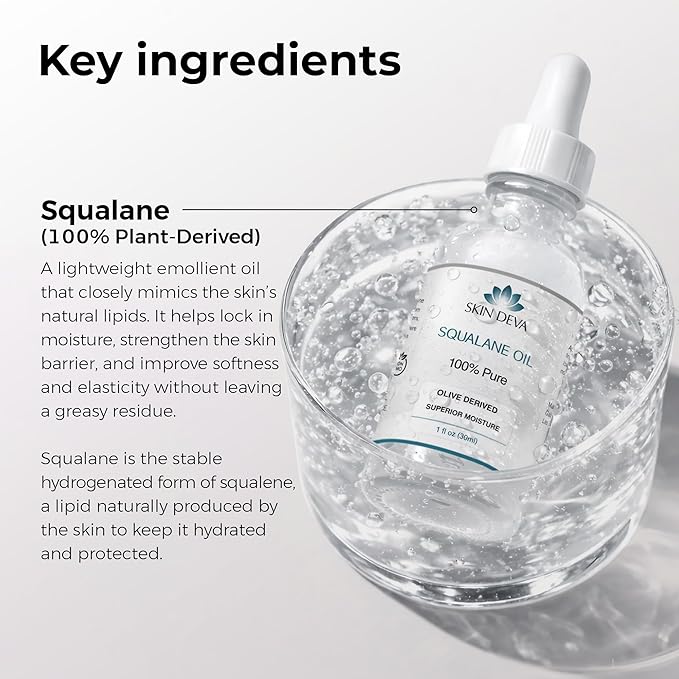 SKIN DEVA 100% Squalane Oil Pure Organic 1 oz Face Oil Plant Light Weight Non Greasy, Moisturizing Beauty Oil Organic Squalane Oil For Face and For All Skin Types including Oily or Dry (30 ml)