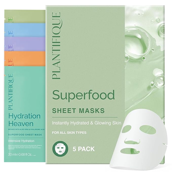 PLANTIFIQUE Korean Sheet Mask 5 Pack Variety Set - Hydrating Face Masks with Hyaluronic Acid - Soothing, Firming, Even Toning - Mascarillas Faciales