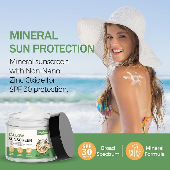 Tallow Sunscreen SPF 30 - Non-Toxic Natural Mineral Sunscreen with Zinc Oxide & Beef Tallow - Reef Safe Sunblock for Face & Body - Moisturizing for All Skin Types (Sport & Daily Use)